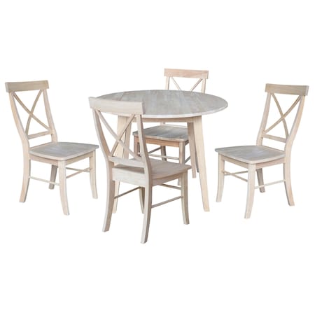 International Concepts 42 in. Solid Wood Round Dual Drop Leaf Dining Table with 4 Chairs, White/Heather Gray K-42DL-C613-4